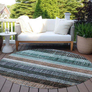 HomeRoots 5' Durable Teal Blue and Brown Striped Area Rug - Washable, Stylish Design for Indoor and Outdoor Use 8' Round 623529