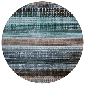 HomeRoots 5' Durable Teal Blue and Brown Striped Area Rug - Washable, Stylish Design for Indoor and Outdoor Use 8' Round 623529