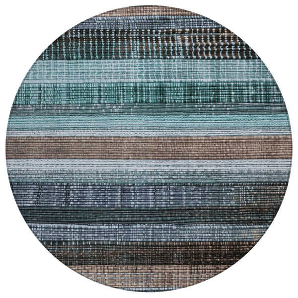 HomeRoots 5' Durable Teal Blue and Brown Striped Area Rug - Washable, Stylish Design for Indoor and Outdoor Use 8' Round 623529