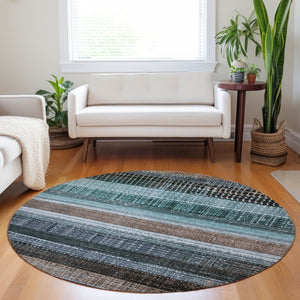 HomeRoots 5' Durable Teal Blue and Brown Striped Area Rug - Washable, Stylish Design for Indoor and Outdoor Use 8' Round 623529