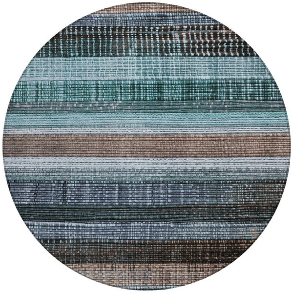 HomeRoots 5' Durable Teal Blue and Brown Striped Area Rug - Washable, Stylish Design for Indoor and Outdoor Use 8' Round 623529