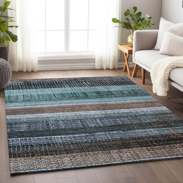 HomeRoots 5' Durable Teal Blue and Brown Striped Area Rug - Washable, Stylish Design for Indoor and Outdoor Use 8' X 10' 623530