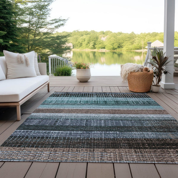 HomeRoots 5' Durable Teal Blue and Brown Striped Area Rug - Washable, Stylish Design for Indoor and Outdoor Use 9' X 12' 623531