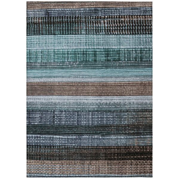 HomeRoots 5' Durable Teal Blue and Brown Striped Area Rug - Washable, Stylish Design for Indoor and Outdoor Use 9' X 12' 623531