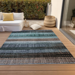 HomeRoots 5' Durable Teal Blue and Brown Striped Area Rug - Washable, Stylish Design for Indoor and Outdoor Use 9' X 12' 623531