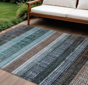 HomeRoots 5' Durable Teal Blue and Brown Striped Area Rug - Washable, Stylish Design for Indoor and Outdoor Use 10' X 14' 623532