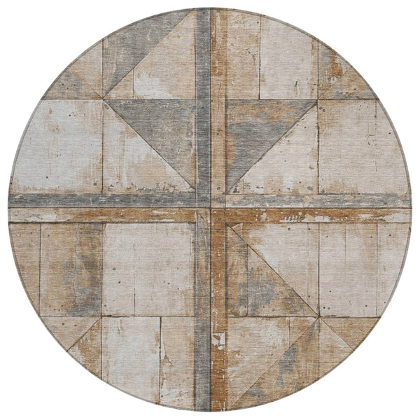 HomeRoots 5' Copper and Gray Geometric Area Rug - Stylish, Washable, Durable for Indoor and Outdoor Spaces 8' Round 623607