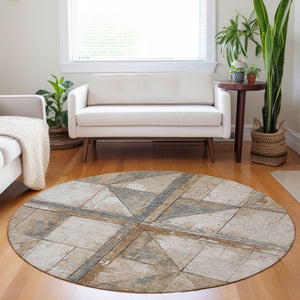 HomeRoots 5' Copper and Gray Geometric Area Rug - Stylish, Washable, Durable for Indoor and Outdoor Spaces 8' Round 623607