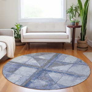 HomeRoots 5' Stylish Denim Blue and Gray Geometric Area Rug - Indoor/Outdoor, Washable, Durable Design 8' Round 623613