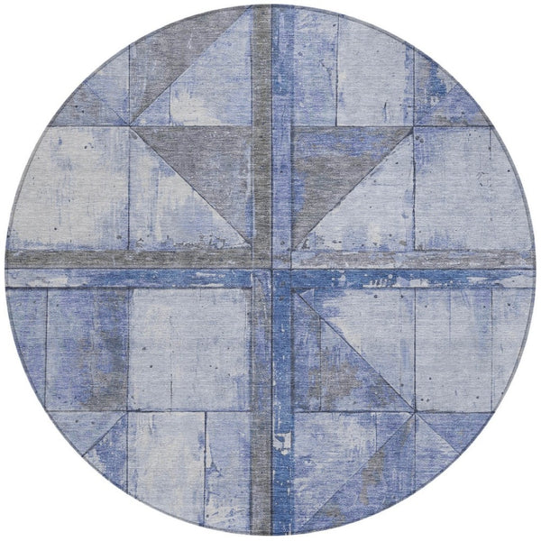 HomeRoots 5' Stylish Denim Blue and Gray Geometric Area Rug - Indoor/Outdoor, Washable, Durable Design 8' Round 623613