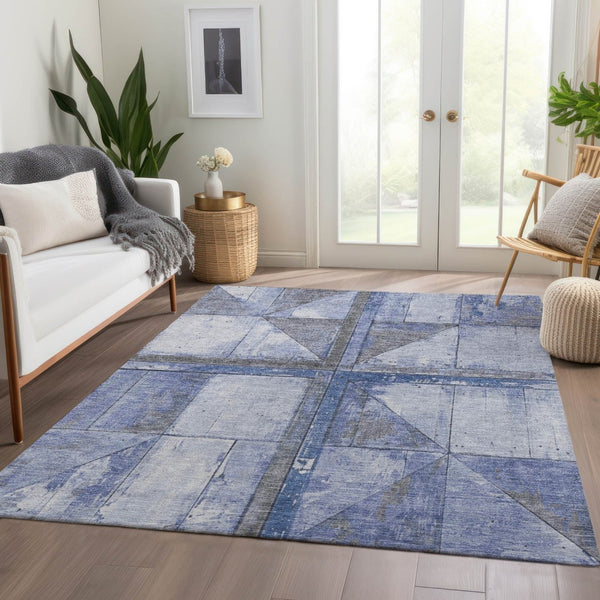 HomeRoots 5' Stylish Denim Blue and Gray Geometric Area Rug - Indoor/Outdoor, Washable, Durable Design 10' X 14' 623616