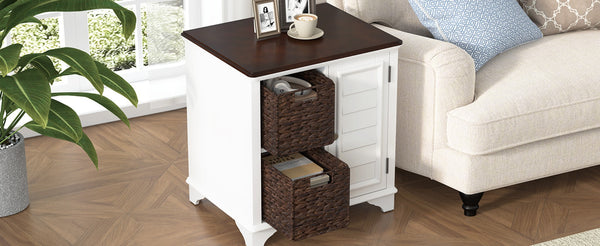 English Elm U Can Louvered End Table with Woven Grass Baskets Ottoman Legs Farmhouse Storage White N724P401353K