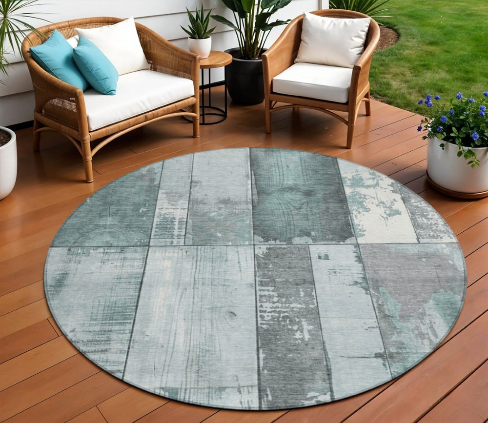 HomeRoots 8' Pale Aqua and Gray Geometric Indoor-Outdoor Area Rug - Stylish, Washable, Durable, and Versatile! 623673