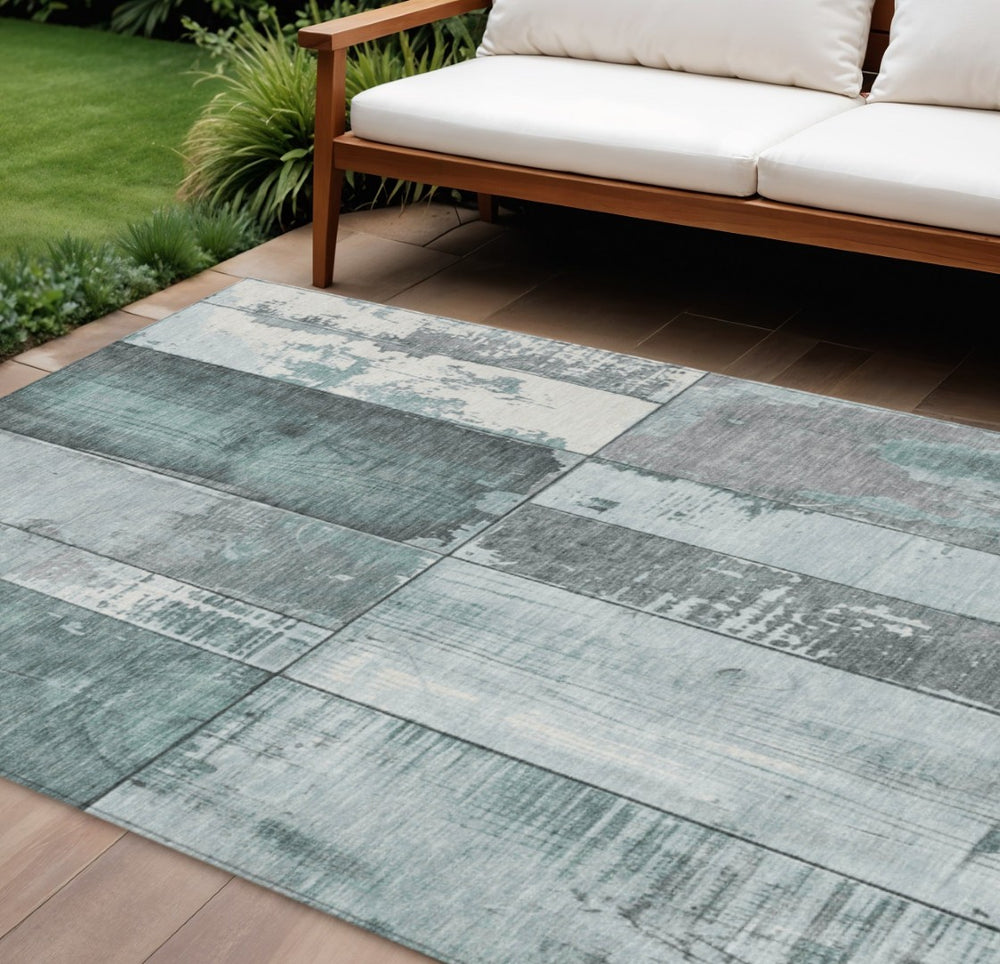 HomeRoots 9' X 12' Contemporary Pale Aqua & Gray Geometric Area Rug – Durable, Washable for Indoor/Outdoor Use 623675