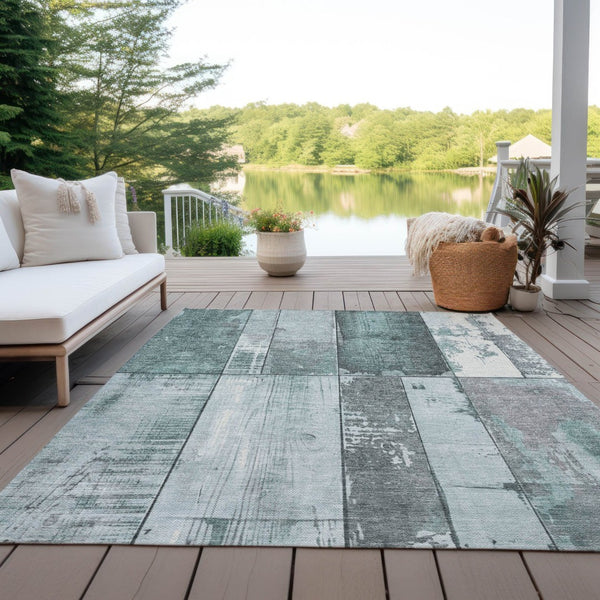 HomeRoots 9' X 12' Contemporary Pale Aqua & Gray Geometric Area Rug – Durable, Washable for Indoor/Outdoor Use 623675