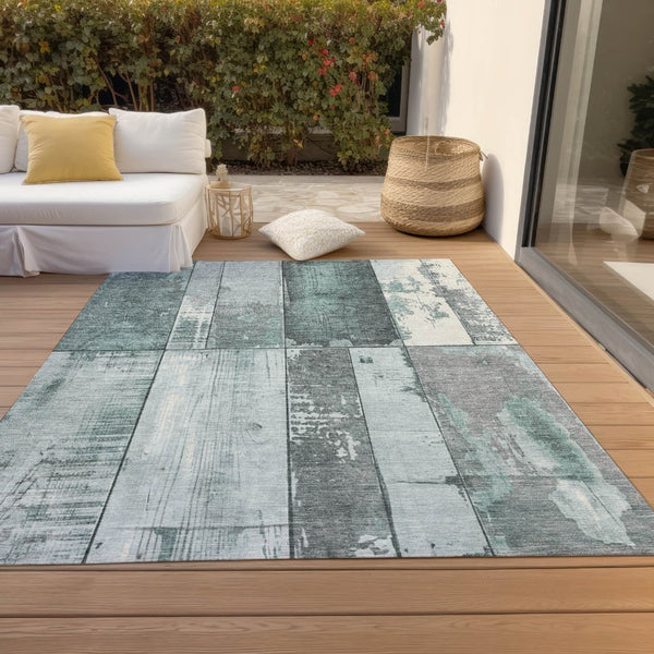 HomeRoots 9' X 12' Contemporary Pale Aqua & Gray Geometric Area Rug – Durable, Washable for Indoor/Outdoor Use 623675