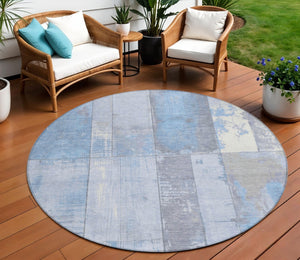 HomeRoots 8' Stylish Sky Blue & Gray Round Geometric Rug - Washable, Durable, Indoor/Outdoor Versatile Decor 623679