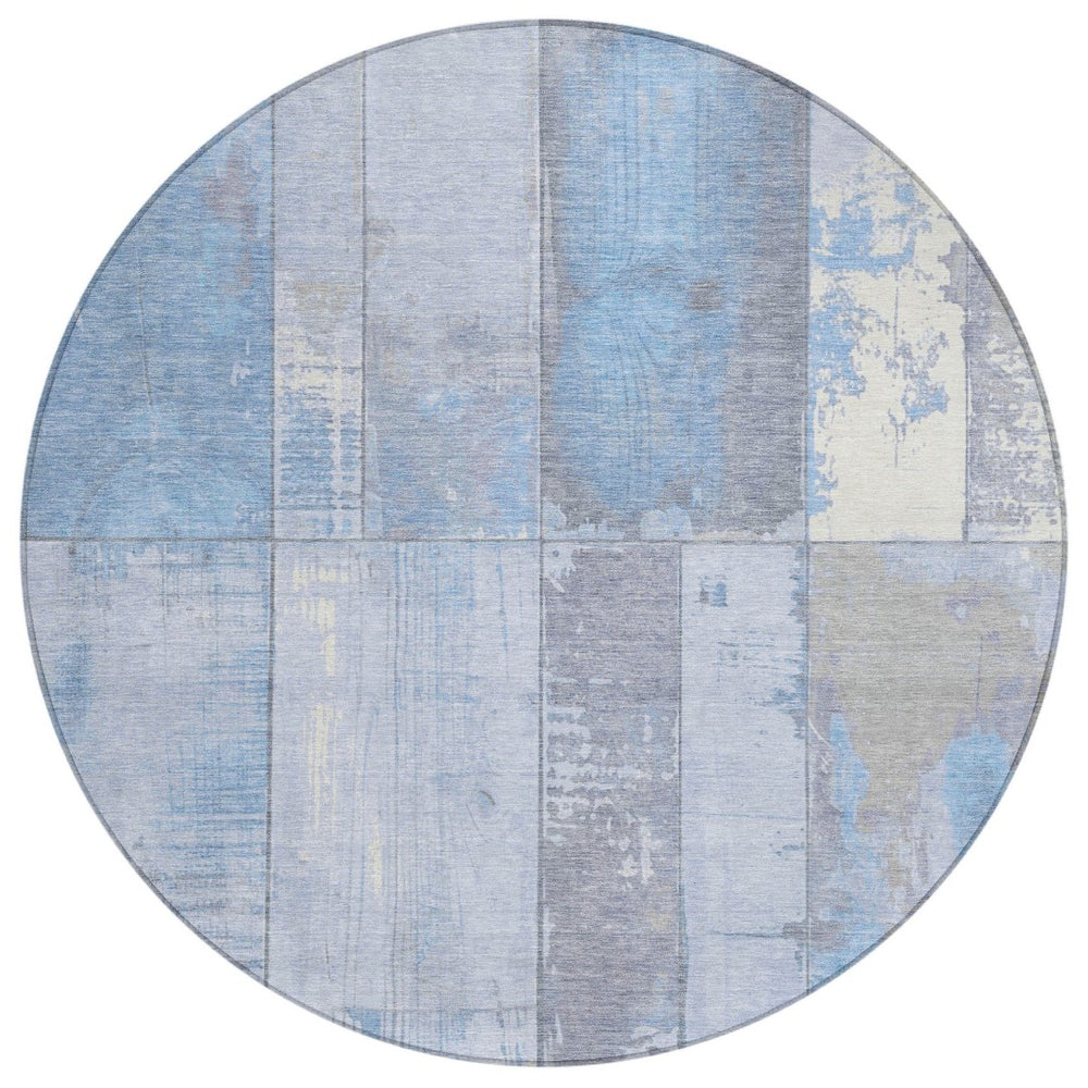 HomeRoots 8' Stylish Sky Blue & Gray Round Geometric Rug - Washable, Durable, Indoor/Outdoor Versatile Decor 623679