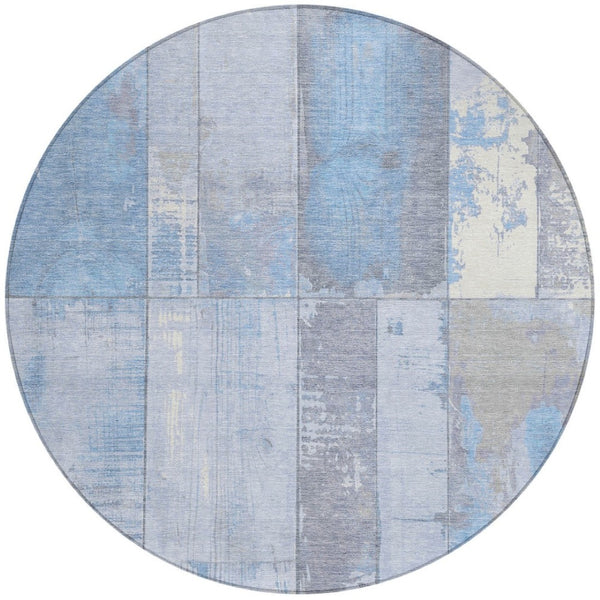 HomeRoots 8' Stylish Sky Blue & Gray Round Geometric Rug - Washable, Durable, Indoor/Outdoor Versatile Decor 623679