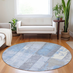 HomeRoots 8' Stylish Sky Blue & Gray Round Geometric Rug - Washable, Durable, Indoor/Outdoor Versatile Decor 623679