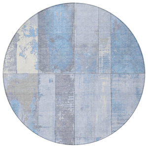 HomeRoots 8' Stylish Sky Blue & Gray Round Geometric Rug - Washable, Durable, Indoor/Outdoor Versatile Decor 623679