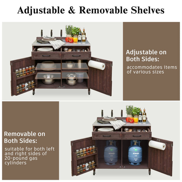 English Elm K&k Outdoor Prep Station Stainless Steel Top Fir Wood Cabinet with Drawer and Wheels Dark Brown N707P370273Z