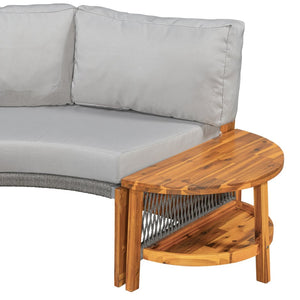 English Elm U_style Circular Patio Sofa Set Pp Rope Woven Steel Frame Acacia Wood Resort Lounge Grey WY000468AAE