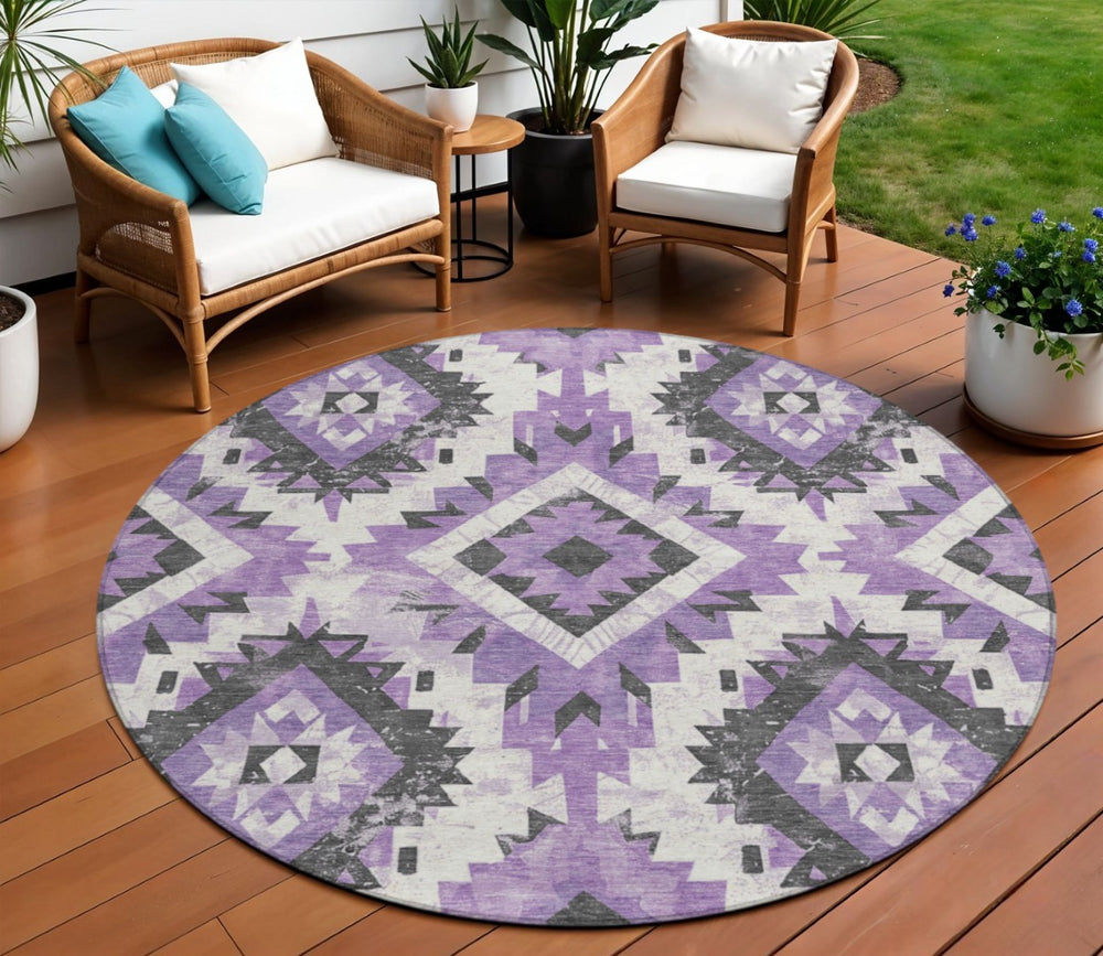 HomeRoots 8' Purple and Gray Round Aztec Area Rug – Stylish, Washable Design for Indoor & Outdoor Use! 623709