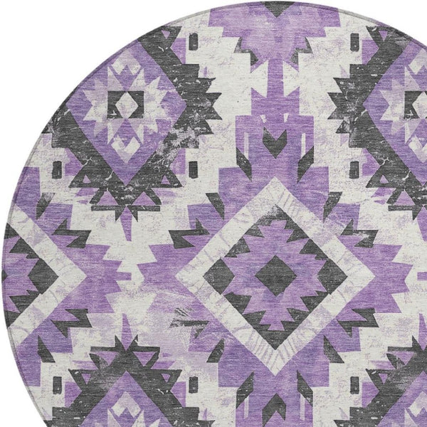 HomeRoots 8' Purple and Gray Round Aztec Area Rug – Stylish, Washable Design for Indoor & Outdoor Use! 623709