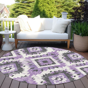 HomeRoots 8' Purple and Gray Round Aztec Area Rug – Stylish, Washable Design for Indoor & Outdoor Use! 623709