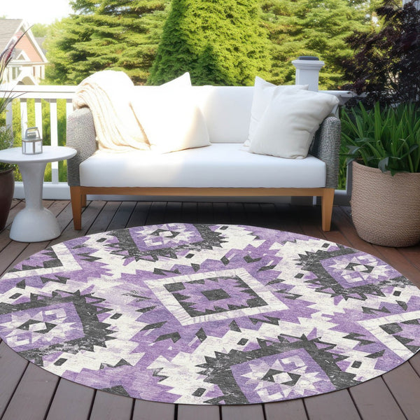 HomeRoots 8' Purple and Gray Round Aztec Area Rug – Stylish, Washable Design for Indoor & Outdoor Use! 623709
