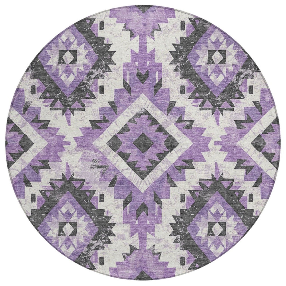 HomeRoots 8' Purple and Gray Round Aztec Area Rug – Stylish, Washable Design for Indoor & Outdoor Use! 623709