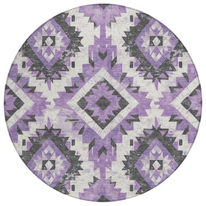 HomeRoots 8' Purple and Gray Round Aztec Area Rug – Stylish, Washable Design for Indoor & Outdoor Use! 623709