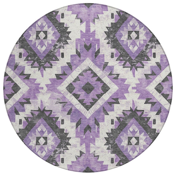 HomeRoots 8' Purple and Gray Round Aztec Area Rug – Stylish, Washable Design for Indoor & Outdoor Use! 623709