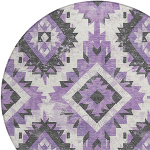 HomeRoots 8' Purple and Gray Round Aztec Area Rug – Stylish, Washable Design for Indoor & Outdoor Use! 623709