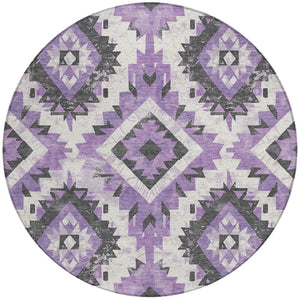 HomeRoots 8' Purple and Gray Round Aztec Area Rug – Stylish, Washable Design for Indoor & Outdoor Use! 623709