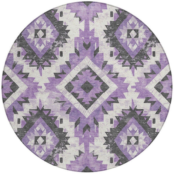 HomeRoots 8' Purple and Gray Round Aztec Area Rug – Stylish, Washable Design for Indoor & Outdoor Use! 623709