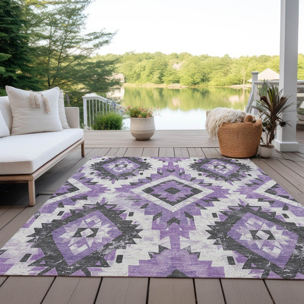 HomeRoots 8' X 10' Vibrant Purple & Gray Aztec Washable Area Rug - Stylish, Durable Design for Indoor & Outdoor Use 623710