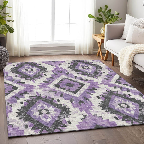 HomeRoots 8' X 10' Vibrant Purple & Gray Aztec Washable Area Rug - Stylish, Durable Design for Indoor & Outdoor Use 623710