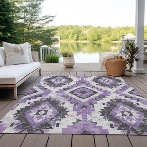 HomeRoots 9' X 12' Aztec-Inspired Purple & Gray Washable Area Rug for Indoor/Outdoor Use - Stylish & Durable 623711