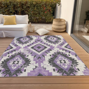 HomeRoots 9' X 12' Aztec-Inspired Purple & Gray Washable Area Rug for Indoor/Outdoor Use - Stylish & Durable 623711