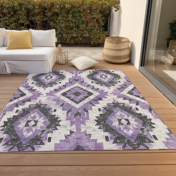 HomeRoots 9' X 12' Aztec-Inspired Purple & Gray Washable Area Rug for Indoor/Outdoor Use - Stylish & Durable 623711