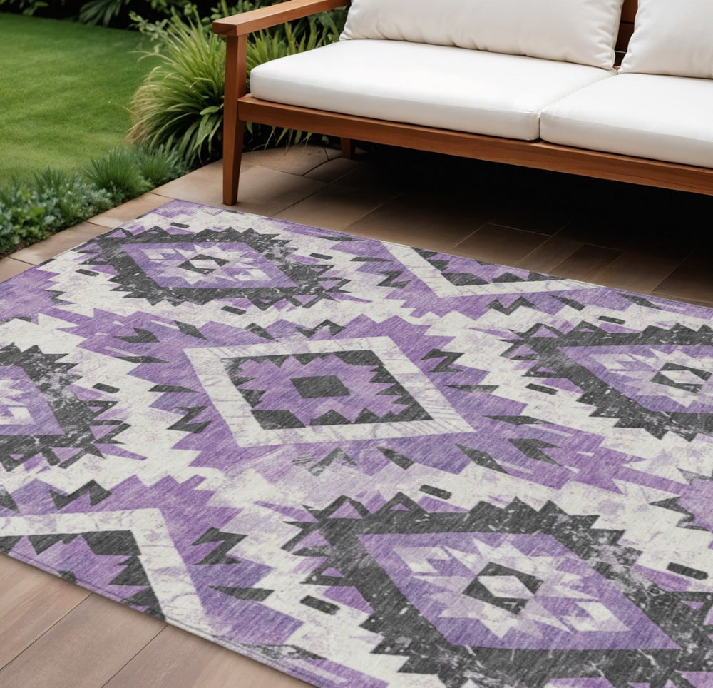 HomeRoots 10' X 14' Stylish Purple and Gray Aztec Washable Rug for Indoor and Outdoor Versatile Spaces 623712