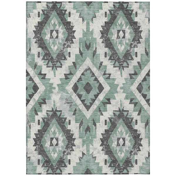 HomeRoots 5' Stylish Pale Aqua and Gray Aztec Washable Area Rug - Durable, Versatile Indoor & Outdoor Decor 623714