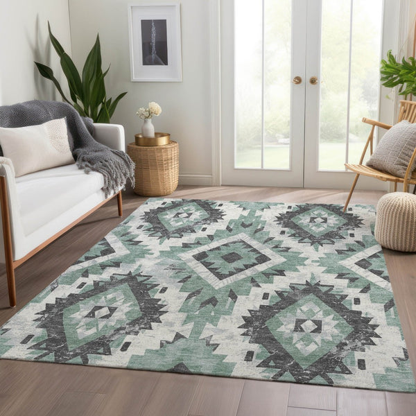 HomeRoots 5' Stylish Pale Aqua and Gray Aztec Washable Area Rug - Durable, Versatile Indoor & Outdoor Decor 623714