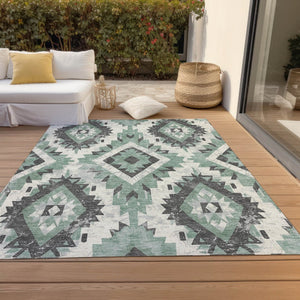 HomeRoots 5' Stylish Pale Aqua and Gray Aztec Washable Area Rug - Durable, Versatile Indoor & Outdoor Decor 623714