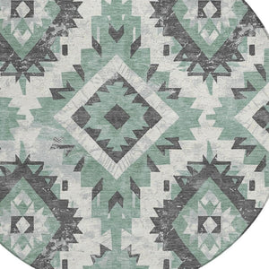 HomeRoots 8' Pale Aqua and Gray Round Aztec Rug - Stylish, Washable Area Rug for Indoor & Outdoor Spaces 623715