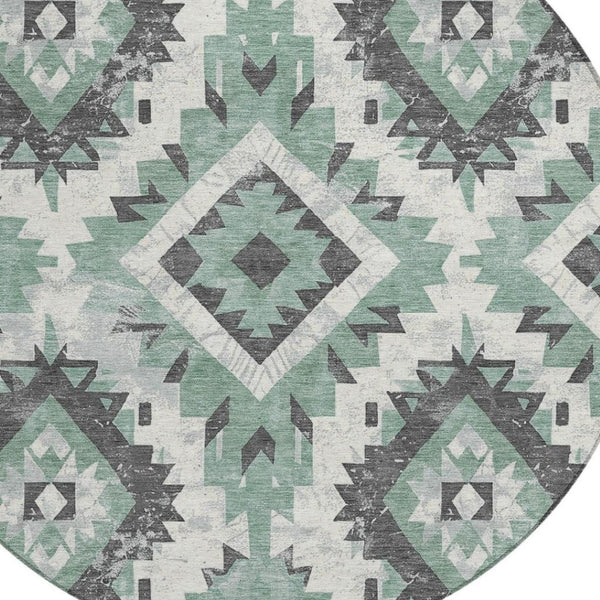 HomeRoots 8' Pale Aqua and Gray Round Aztec Rug - Stylish, Washable Area Rug for Indoor & Outdoor Spaces 623715