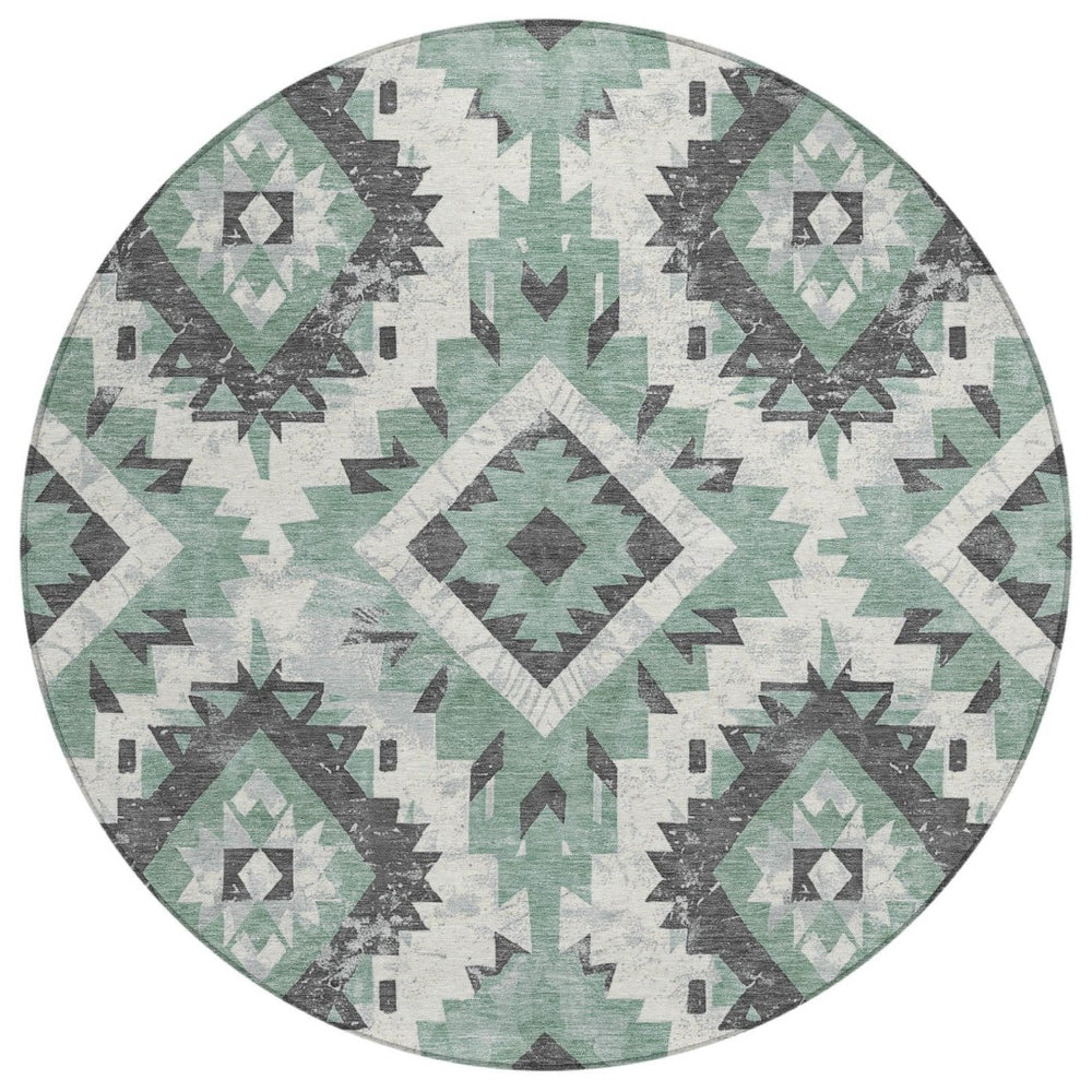 HomeRoots 8' Pale Aqua and Gray Round Aztec Rug - Stylish, Washable Area Rug for Indoor & Outdoor Spaces 623715
