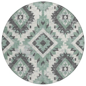 HomeRoots 8' Pale Aqua and Gray Round Aztec Rug - Stylish, Washable Area Rug for Indoor & Outdoor Spaces 623715
